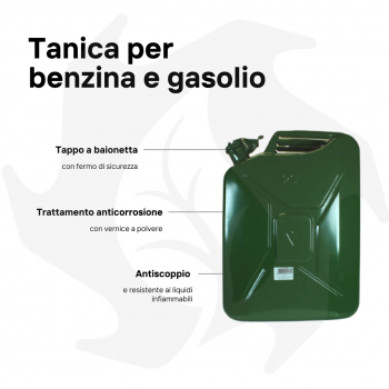 Metal canister approved for storing petrol or diesel, 20 liter capacity. Fuel can